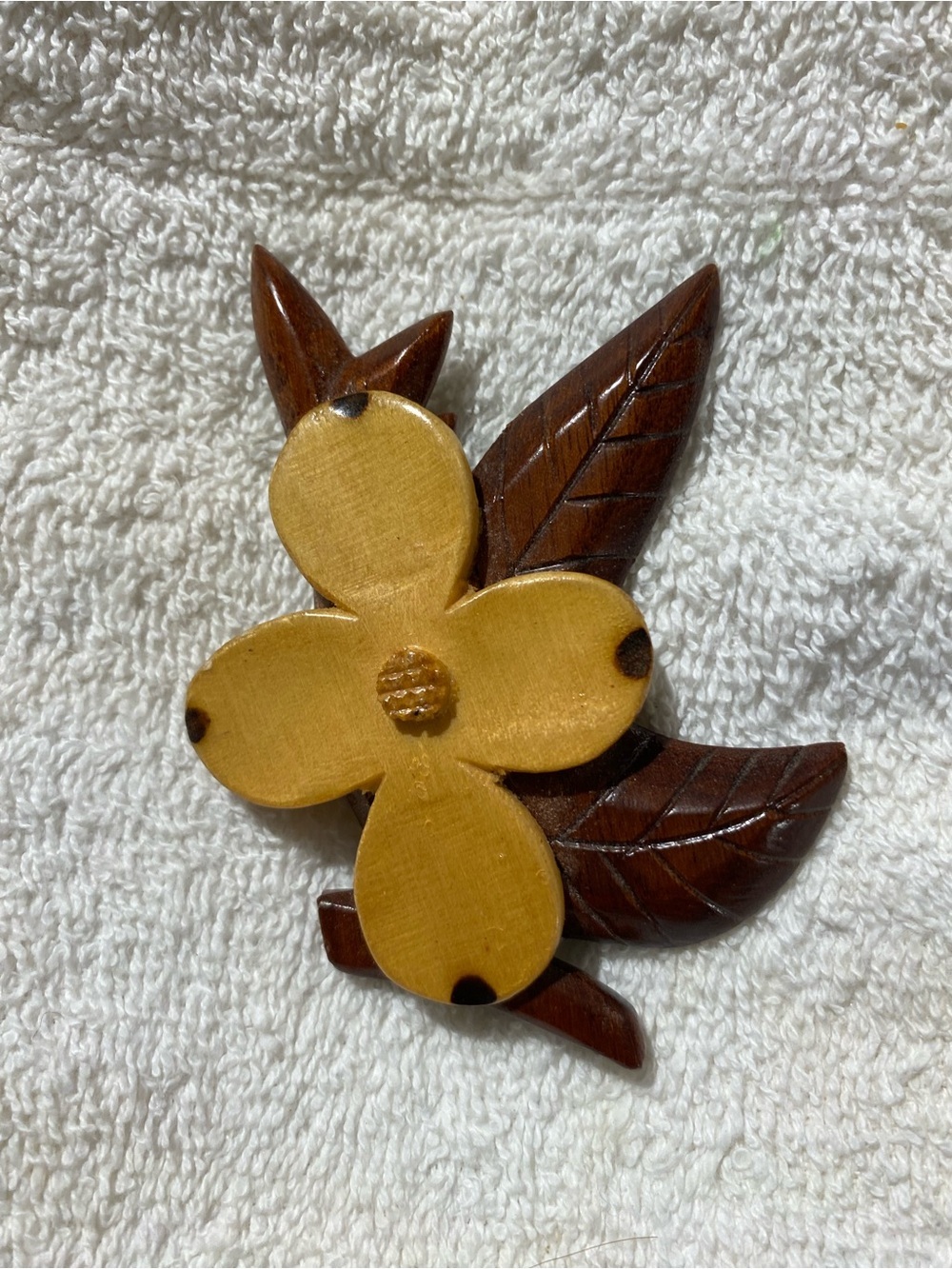 Handcrafted Wooden Flower Brooch in Yellow and Brown (RR)